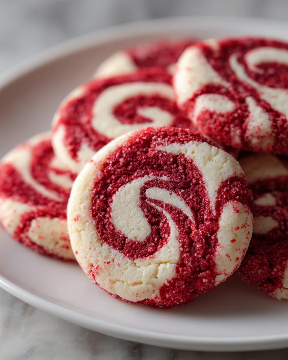 Close-up of several delicious peppermint swirl cookies on a white plate, showcasing their red and white marbled pattern.