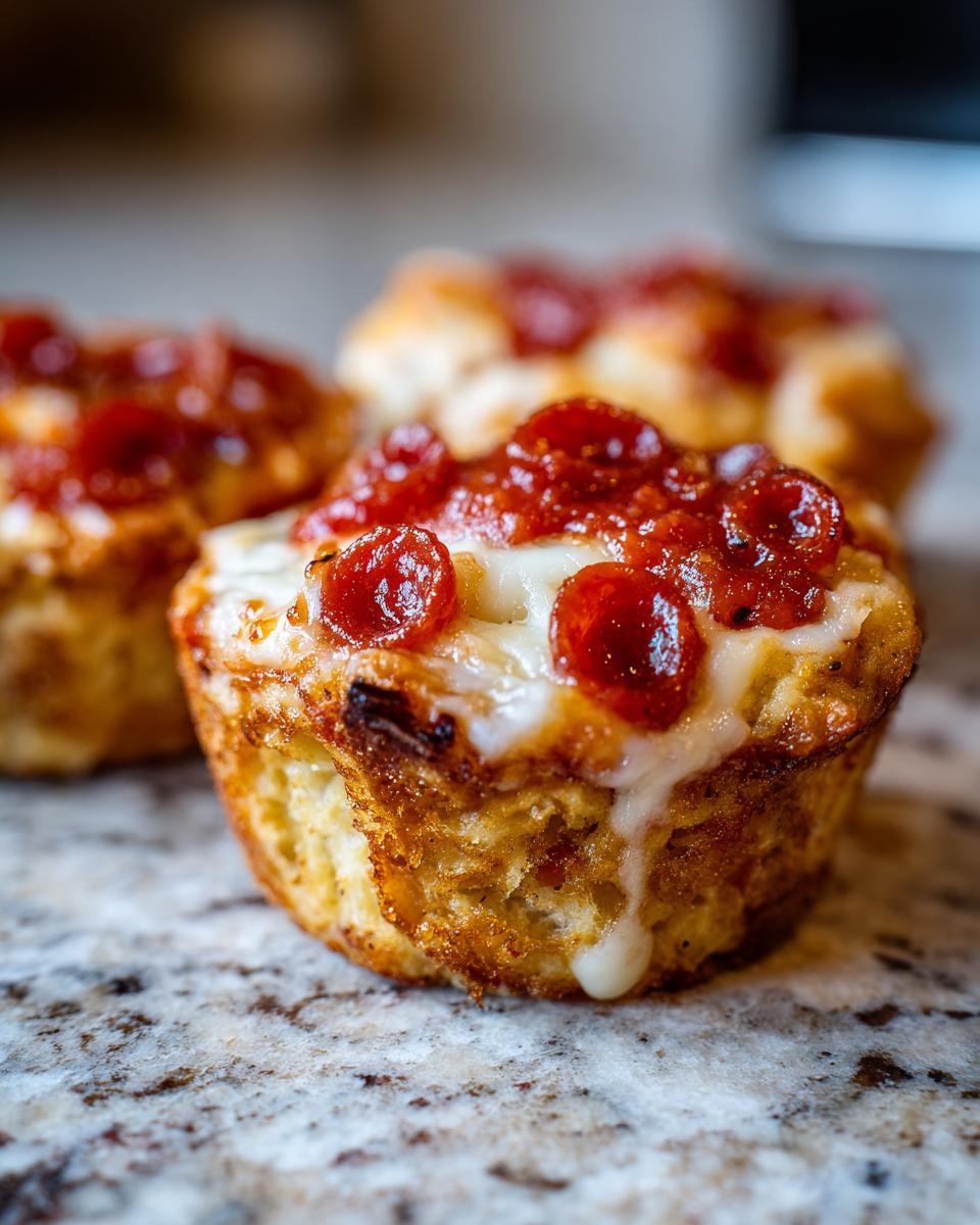 Close-up of three pepperoni pizza muffins topped with melted cheese and mini pepperoni slices.