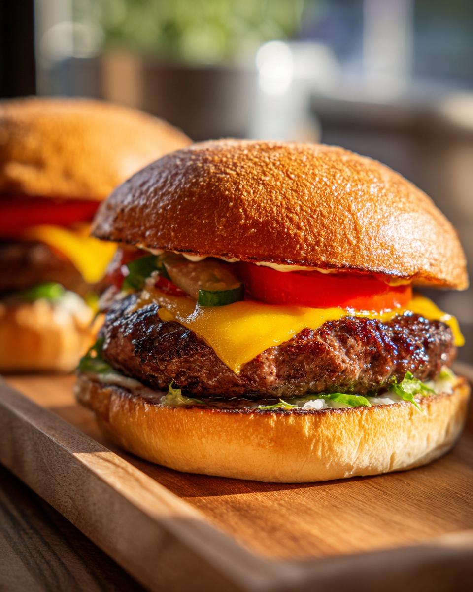 Close-up of a perfectly assembled juicy burger with melted cheddar cheese, fresh lettuce, tomato, and pickles on a toasted bun.