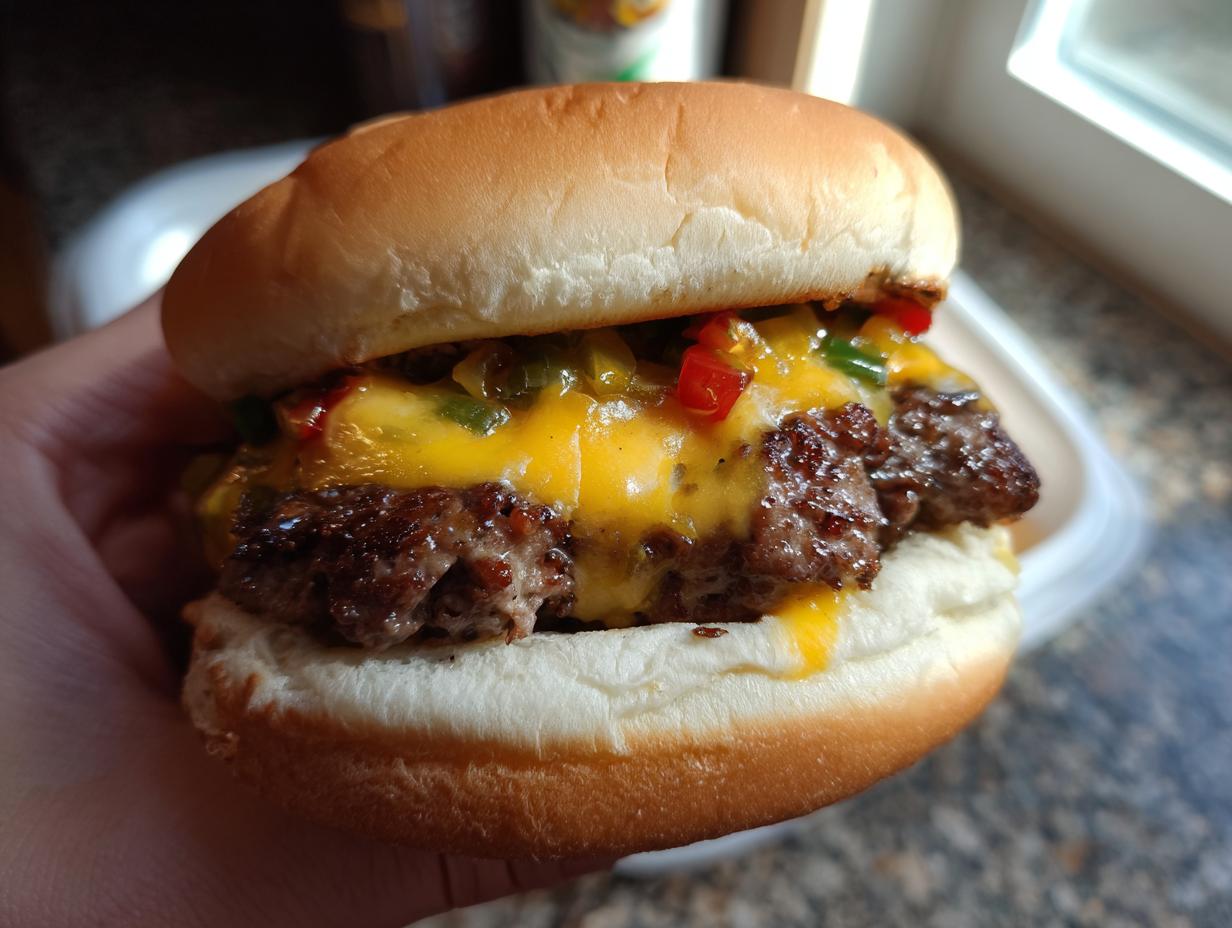 A close-up of a perfectly juicy burger with melted cheese and chopped peppers, held in a hand.