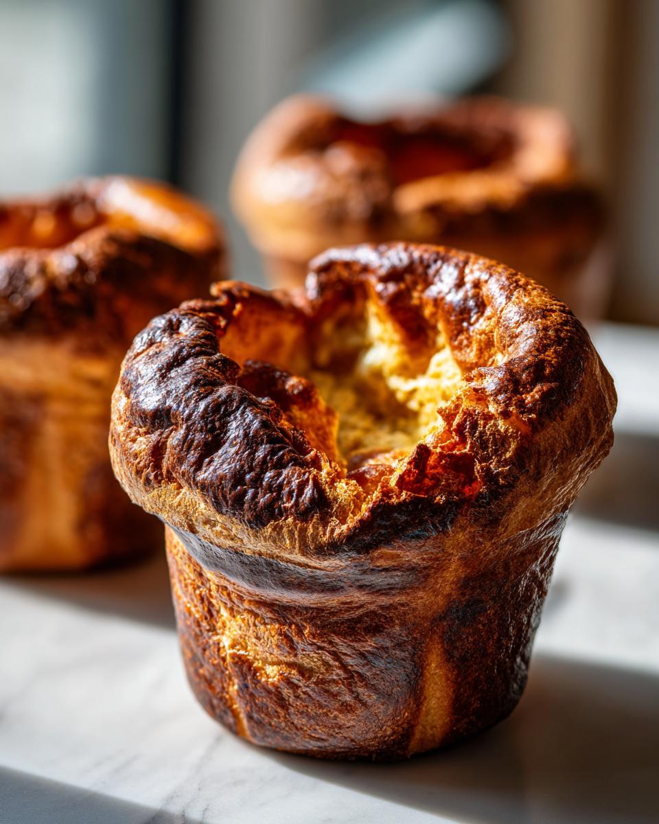A close-up of a single, deeply golden and risen yorkshire pudding with a crispy top.