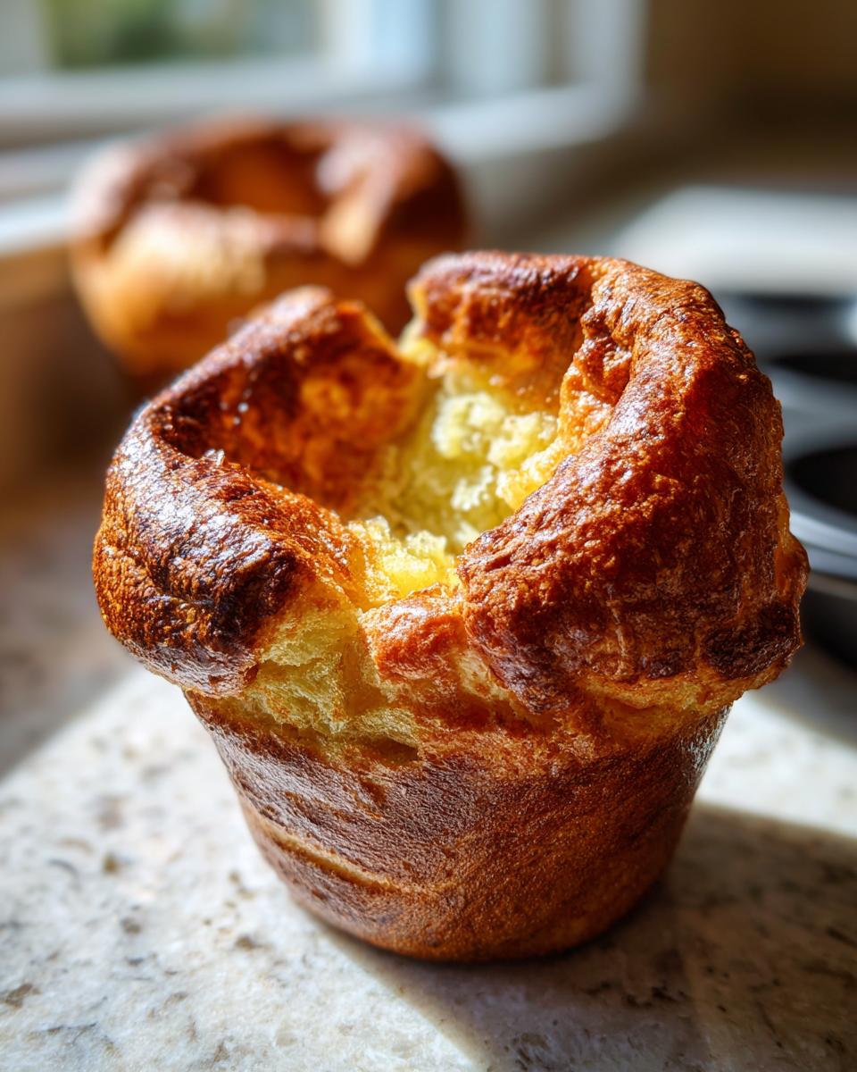 Close-up of a golden brown, perfectly risen yorkshire pudding with a hollow, airy center.