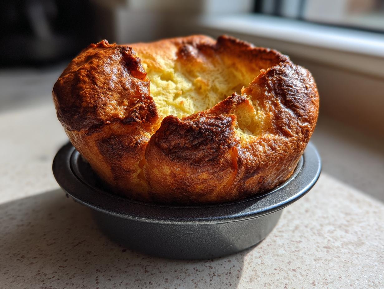 A single, perfectly risen and golden-brown yorkshire pudding sitting in its dark baking tin.