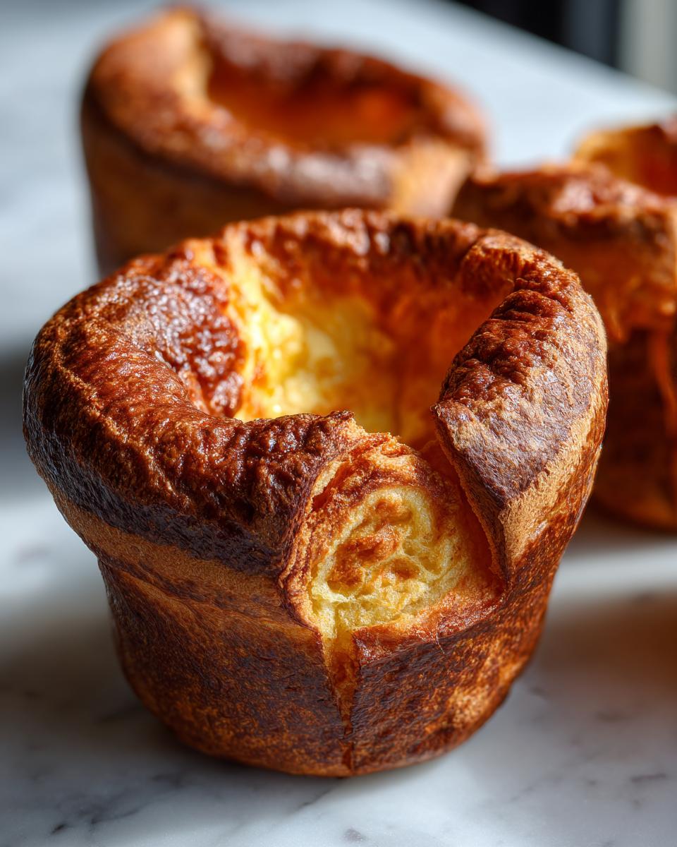A close-up of a perfectly risen, golden brown yorkshire pudding with a deep well in the center.