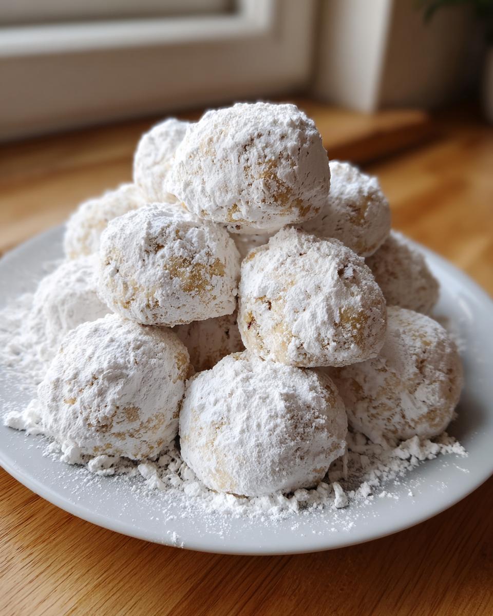 A mound of freshly baked russian tea cakes heavily dusted with powdered sugar, sitting on a white plate.
