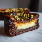 A slice of Pistachio Brownie Basque Cheesecake with a creamy center and chocolate brownie base, topped with chopped pistachios.