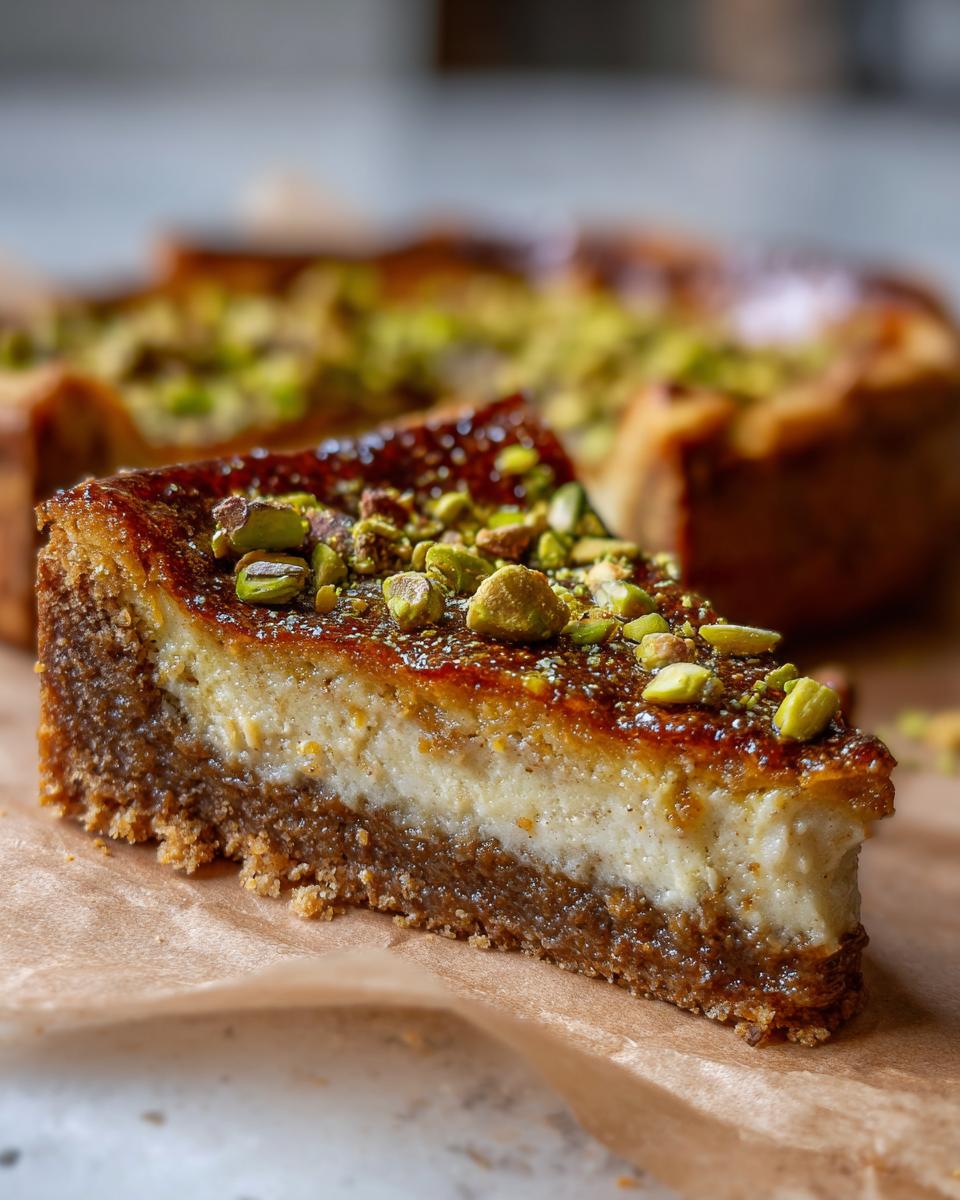 A rich slice of Pistachio Brownie Basque Cheesecake, topped with chopped pistachios and a glossy caramel glaze.