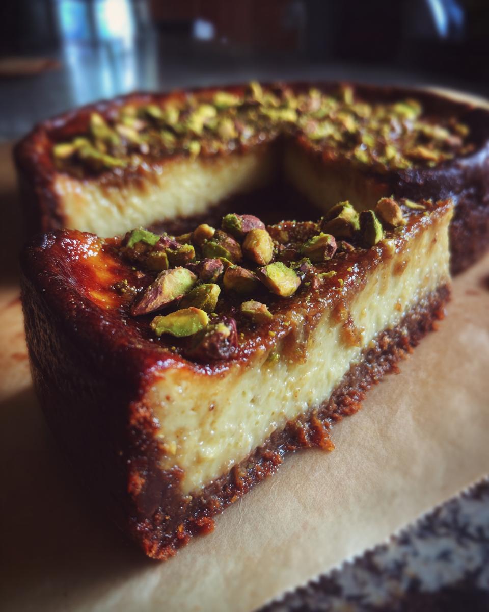 A slice of Pistachio Brownie Basque Cheesecake topped with chopped pistachios, showing a rich brownie crust and creamy filling.