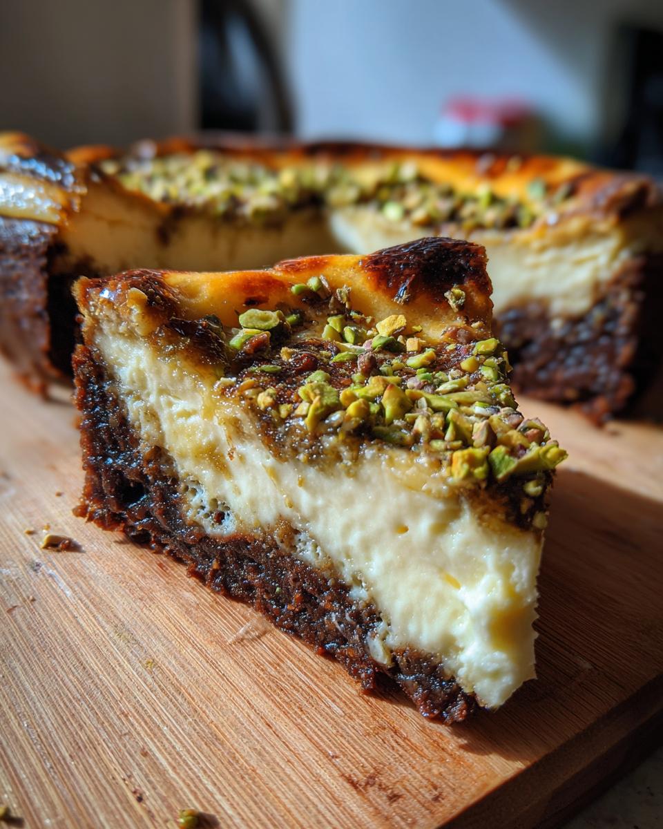 A slice of Pistachio Brownie Basque Cheesecake with a rich brownie base and creamy cheesecake topping, sprinkled with chopped pistachios.