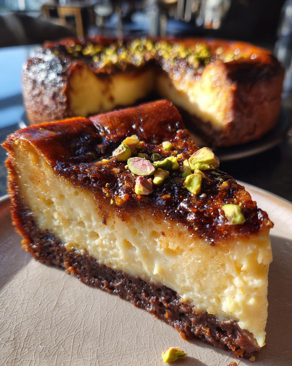 A slice of Pistachio Brownie Basque Cheesecake with a rich, caramelized top and chopped pistachios.