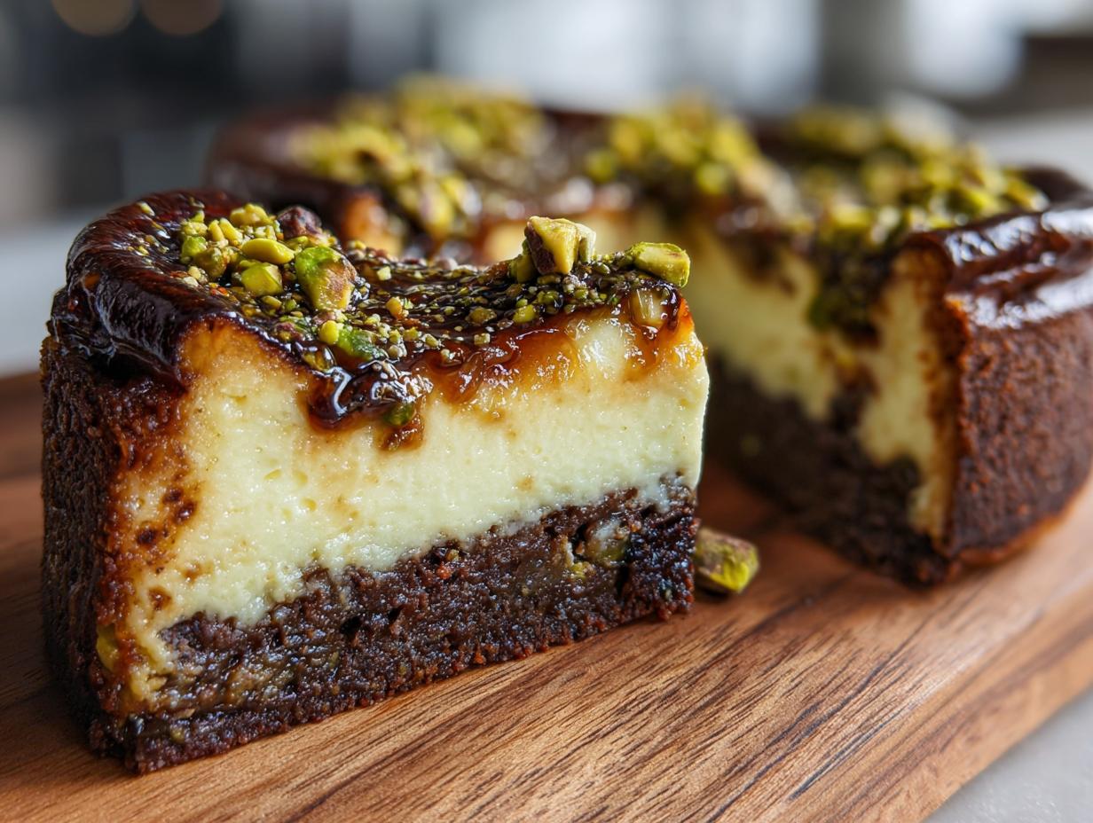 A slice of Pistachio Brownie Basque Cheesecake with a rich chocolate brownie base and creamy cheesecake topping, garnished with pistachios.