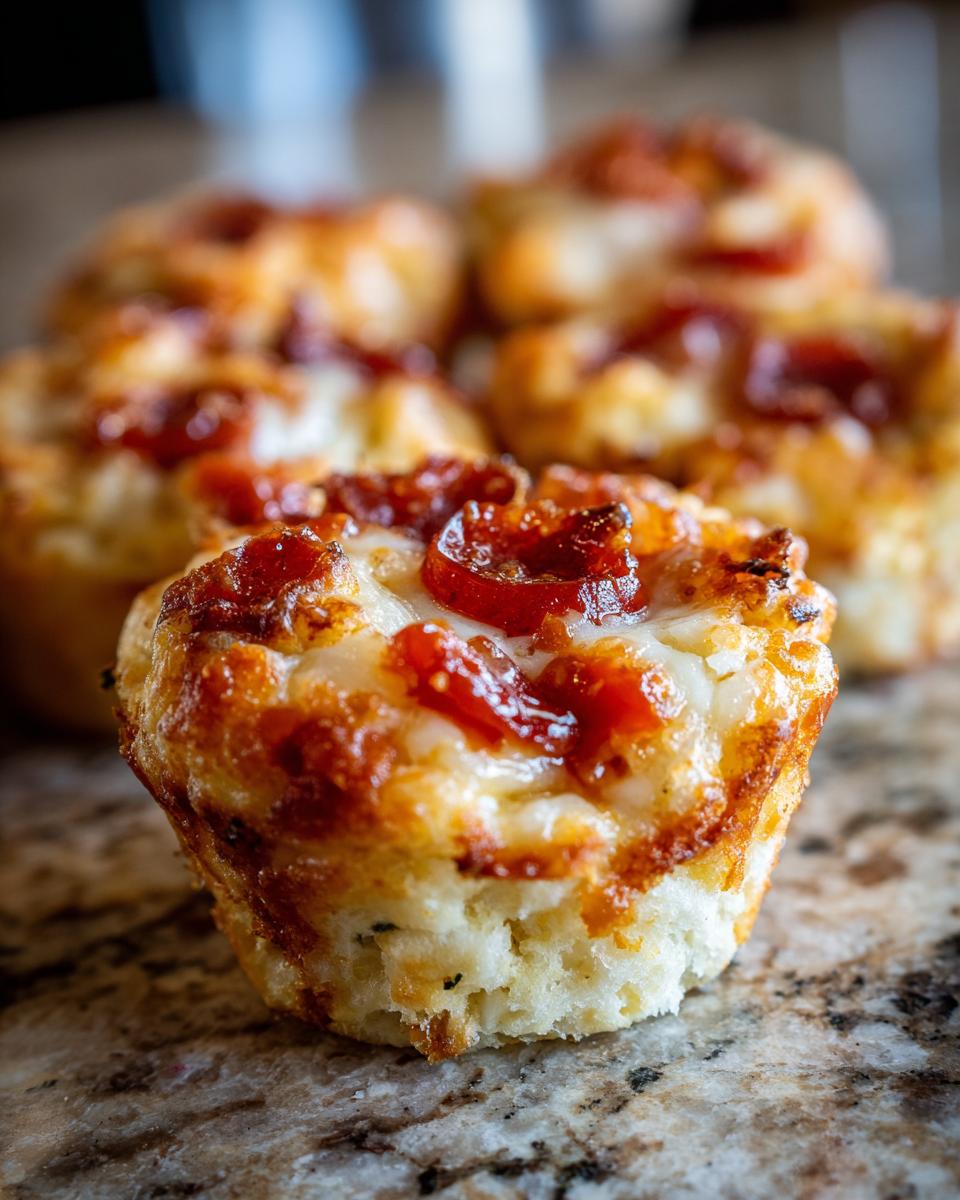 Close-up of a golden-brown pizza muffin topped with melted cheese and pepperoni slices.