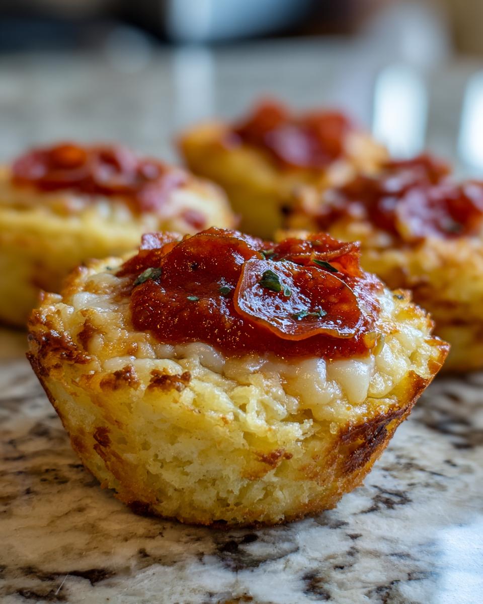 Close-up of a golden-brown pizza muffin topped with melted cheese, pepperoni slices, and herbs.