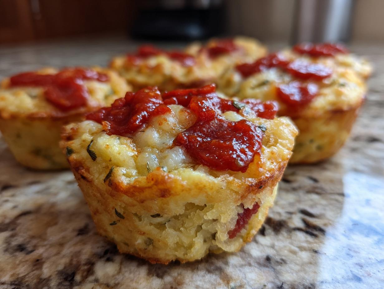 Close-up of freshly baked pizza muffins topped with melted cheese and pepperoni slices.