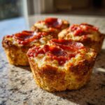 Close-up of four golden-brown pizza muffins topped with melted cheese, marinara sauce, and pepperoni slices.