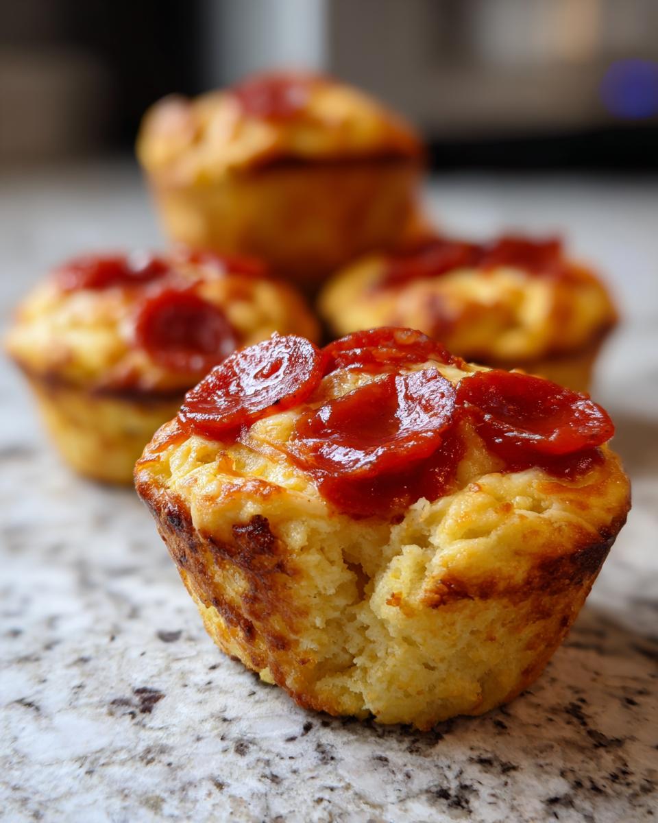 Close-up of a freshly baked pizza muffin topped with pepperoni slices and melted cheese.
