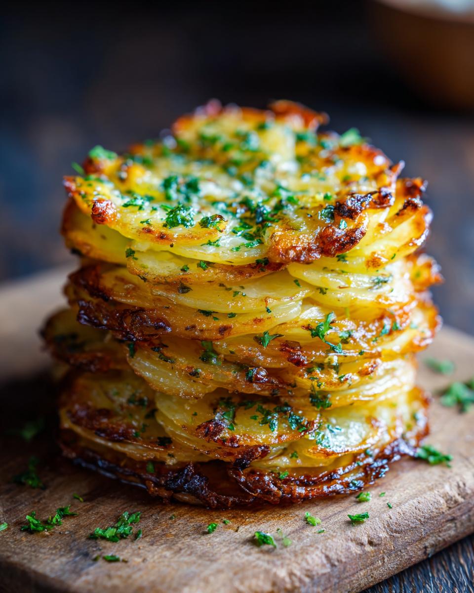 A tall stack of crispy potato stacks with garlic herb butter, garnished with fresh parsley.