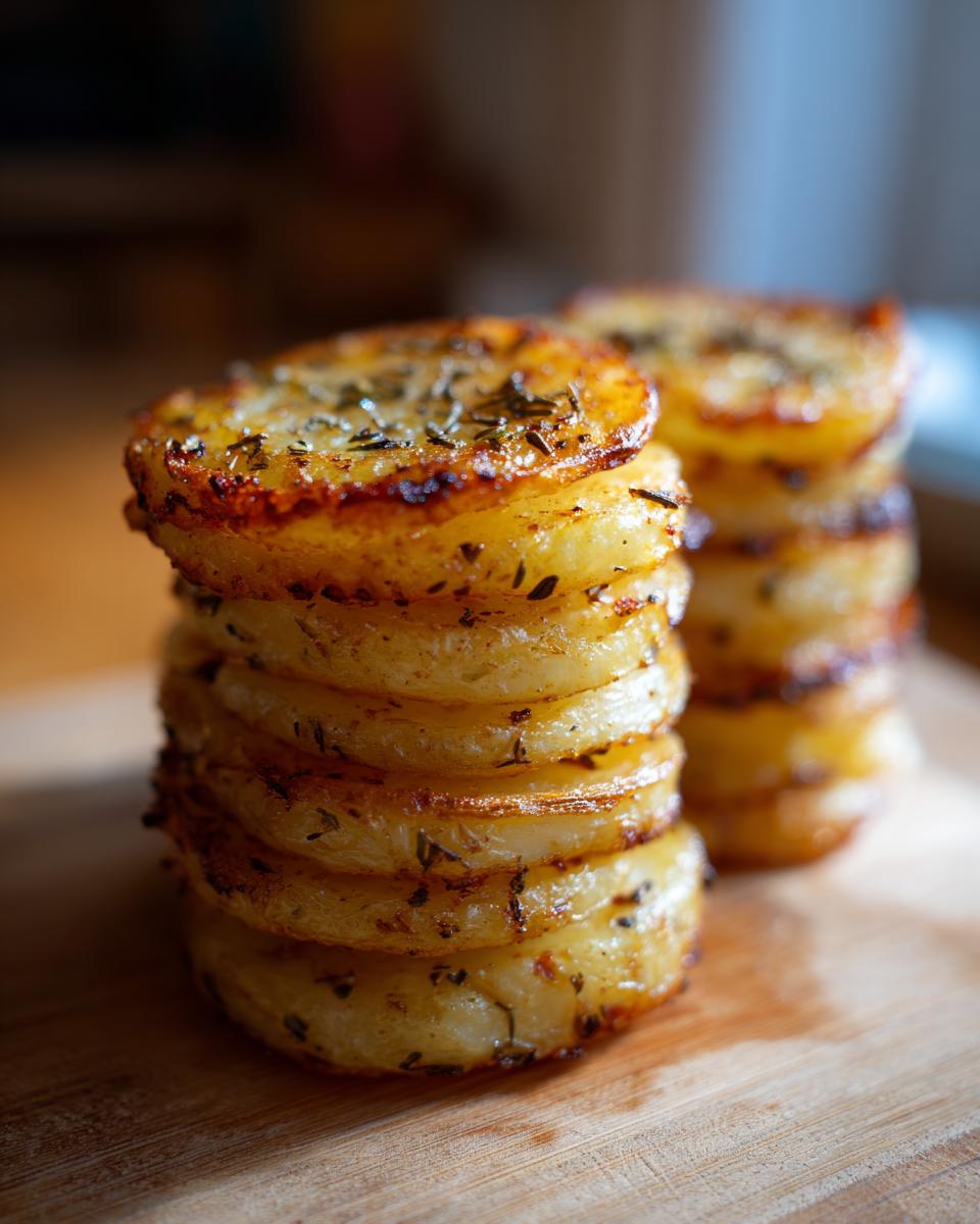 Close-up of two stacks of golden potato slices, seasoned with garlic and herbs, baked to perfection.