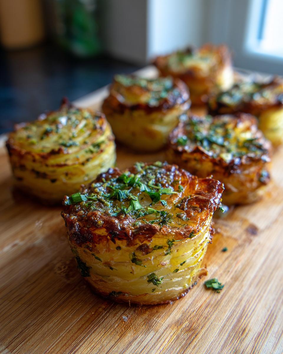 Close-up of golden-brown potato stacks with garlic herb butter and fresh parsley garnish on a wooden board.