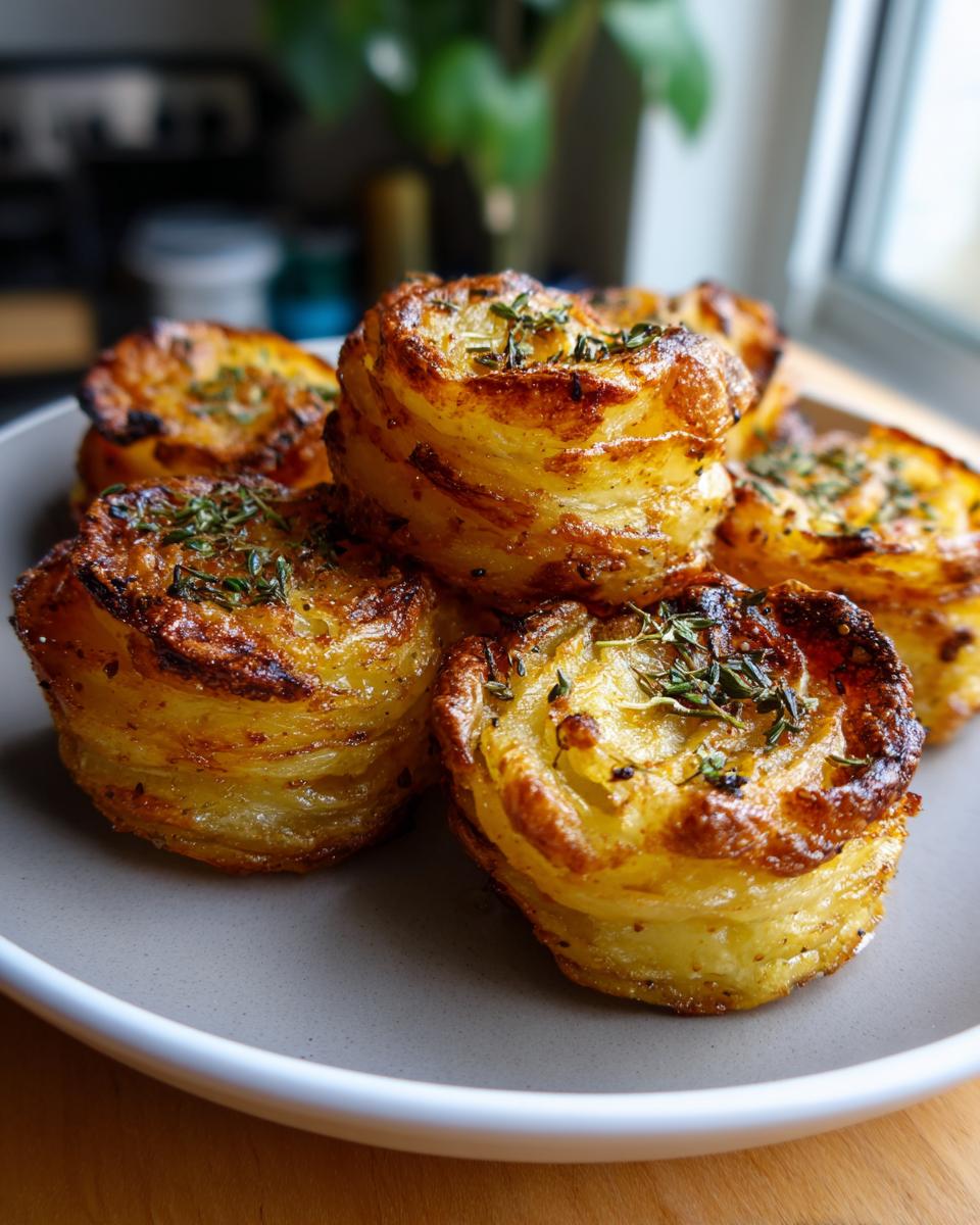 Close-up of golden-brown potato stacks with garlic herb butter, garnished with fresh herbs.