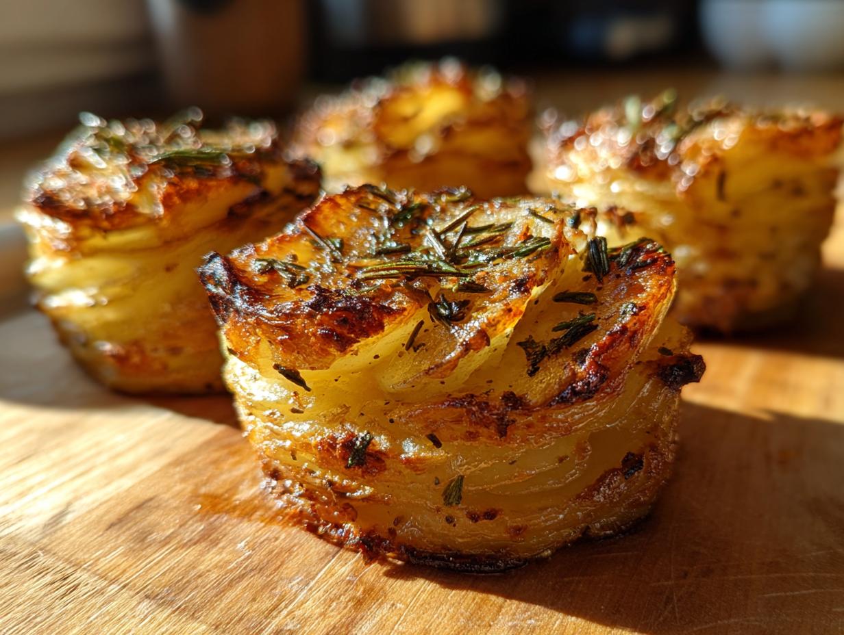 Close-up of golden-brown potato stacks with garlic herb butter and rosemary, served on a wooden board.