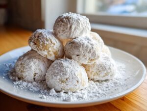 A stack of freshly baked russian tea cakes heavily coated in powdered sugar, resting on a white plate.