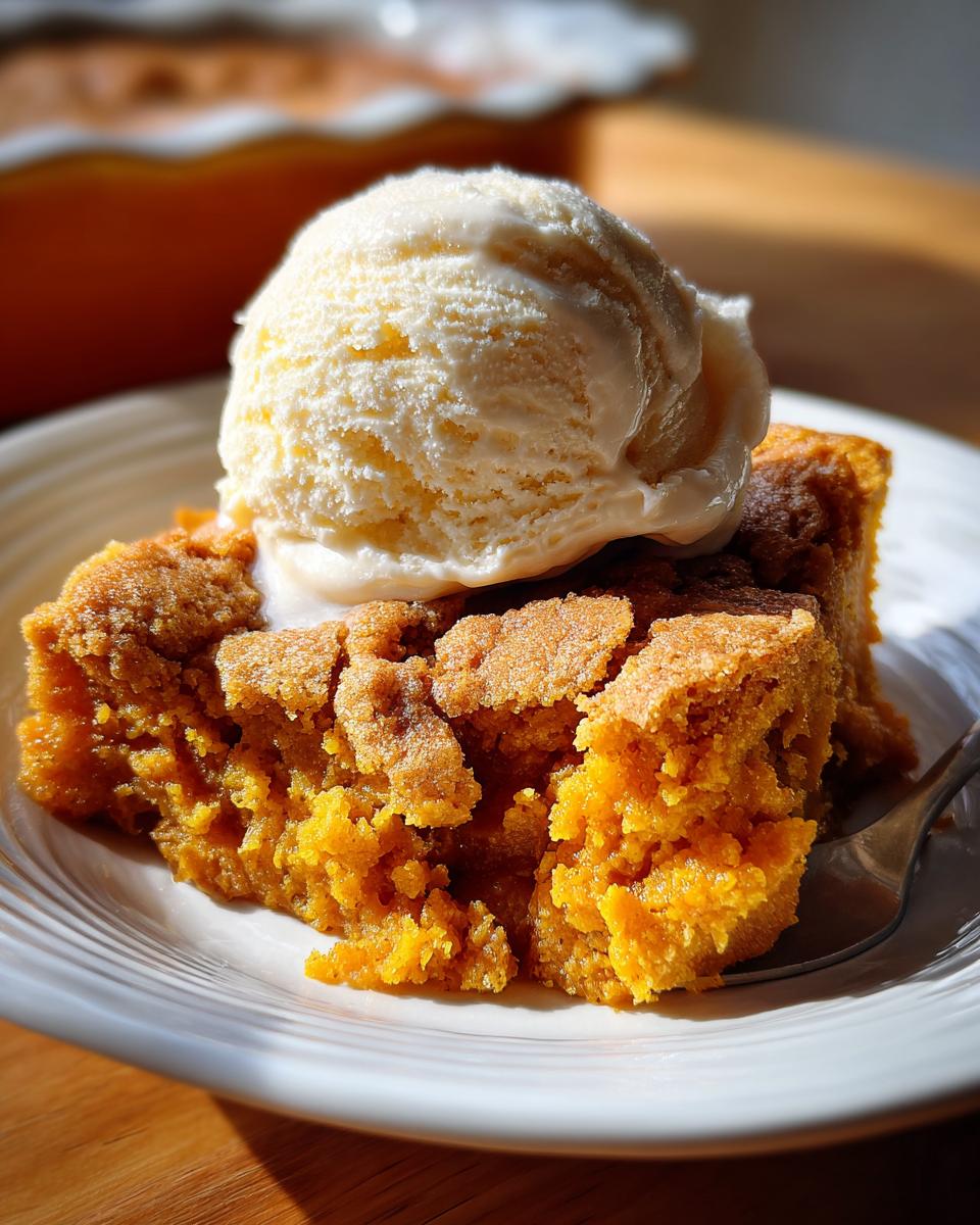 A slice of warm pumpkin cobbler topped with a scoop of melting vanilla ice cream on a white plate.