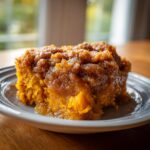 A close-up of a moist slice of pumpkin cobbler with a crumbly topping on a gray plate.