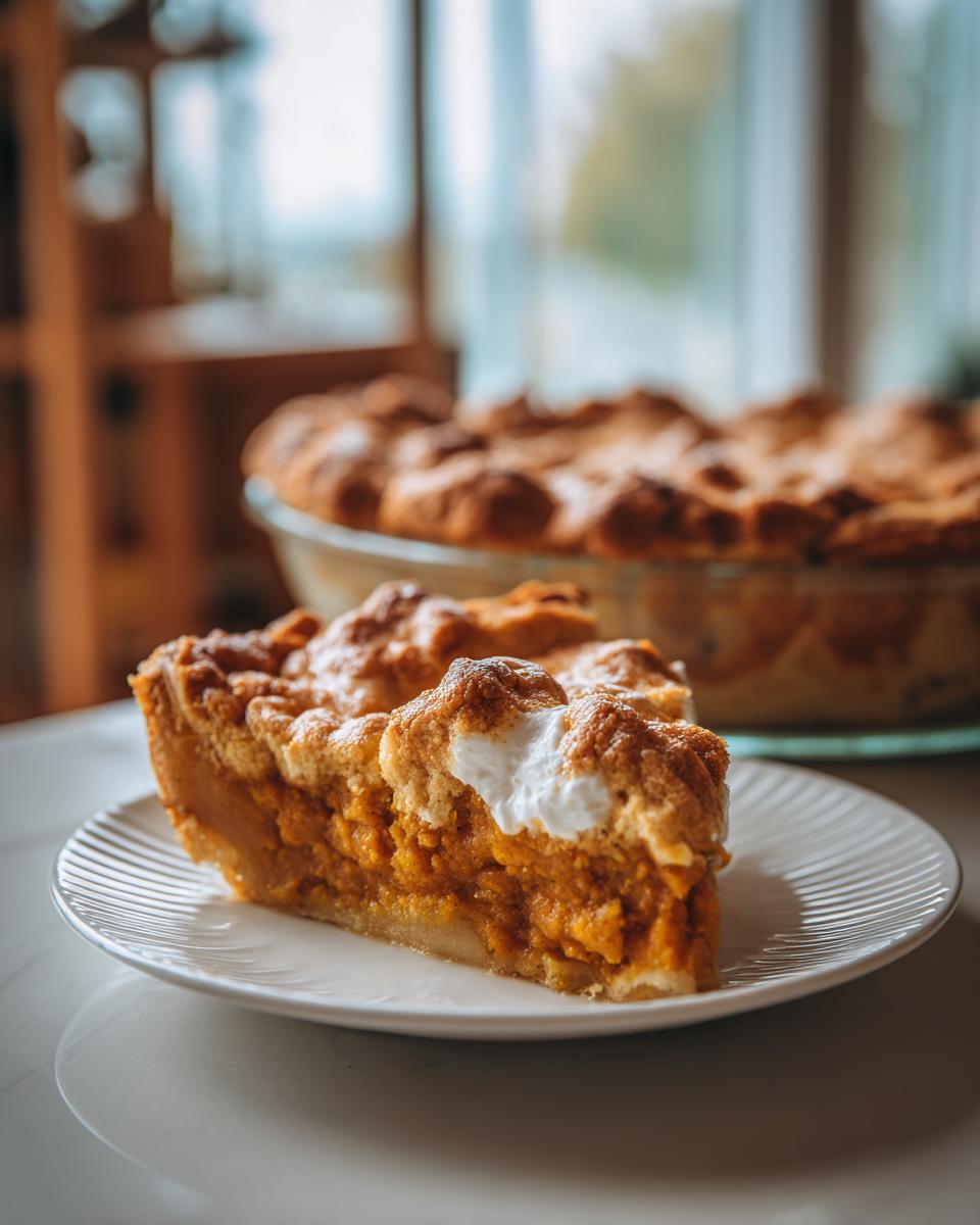 A close-up of a slice of pumpkin cobbler on a white plate, showing the flaky crust and rich pumpkin filling.