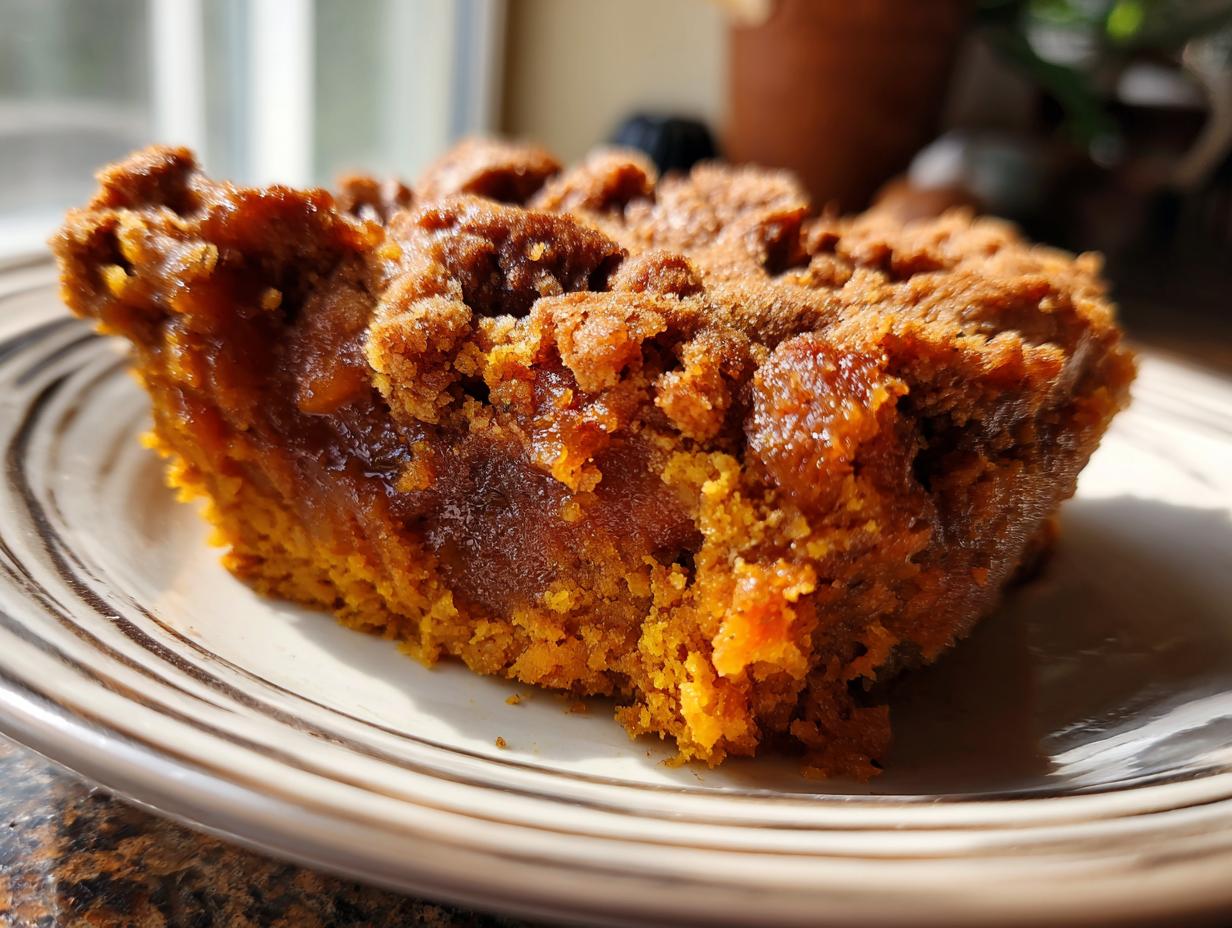 A close-up of a moist slice of pumpkin cobbler on a plate, showcasing its rich orange filling and crumbly topping.