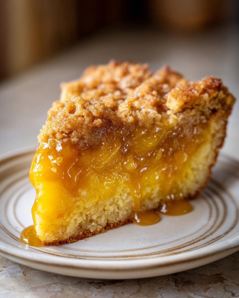 A close-up of a slice of pumpkin cobbler with a crumb topping and gooey filling on a plate.