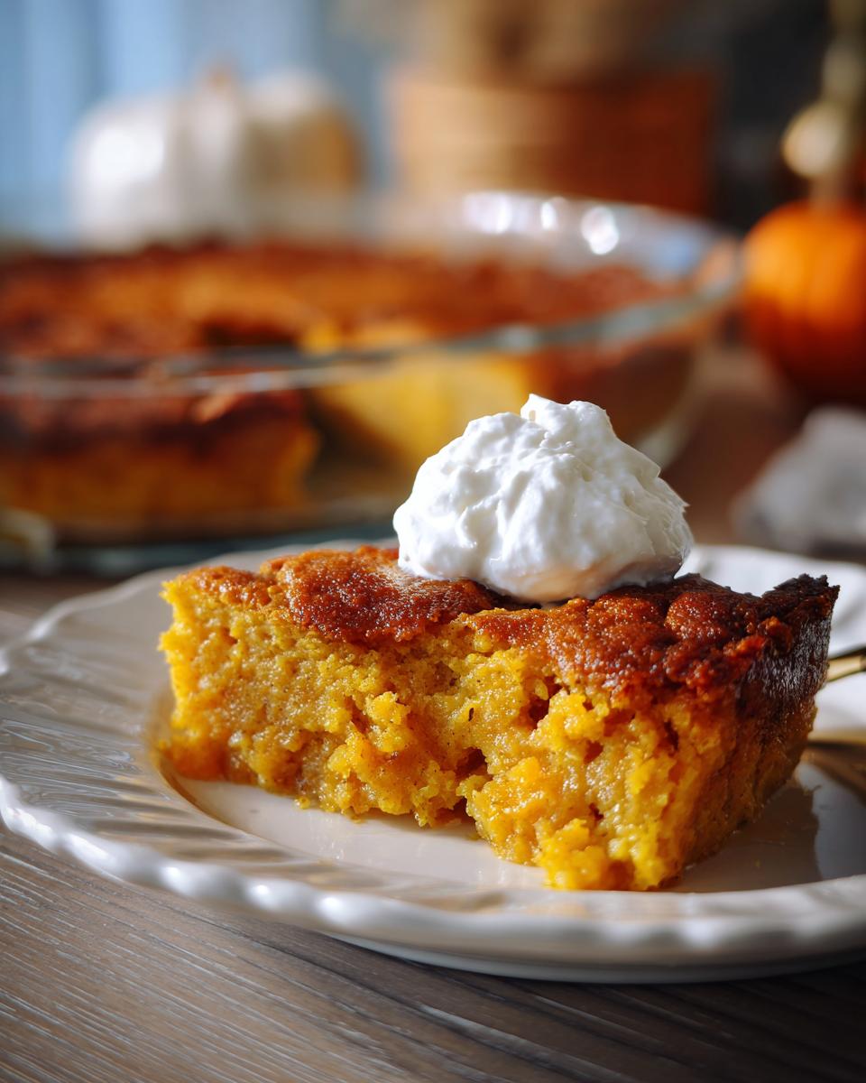 A delicious slice of pumpkin cobbler topped with whipped cream, ready to be enjoyed.