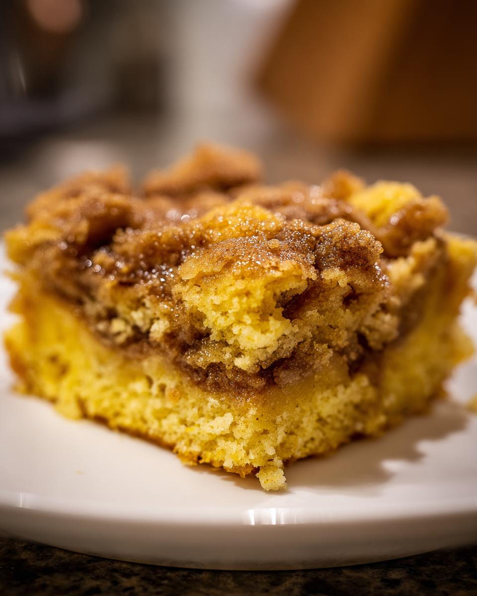 A close-up of a moist slice of pumpkin dump cake on a white plate, showcasing its crumbly topping and tender cake layers.