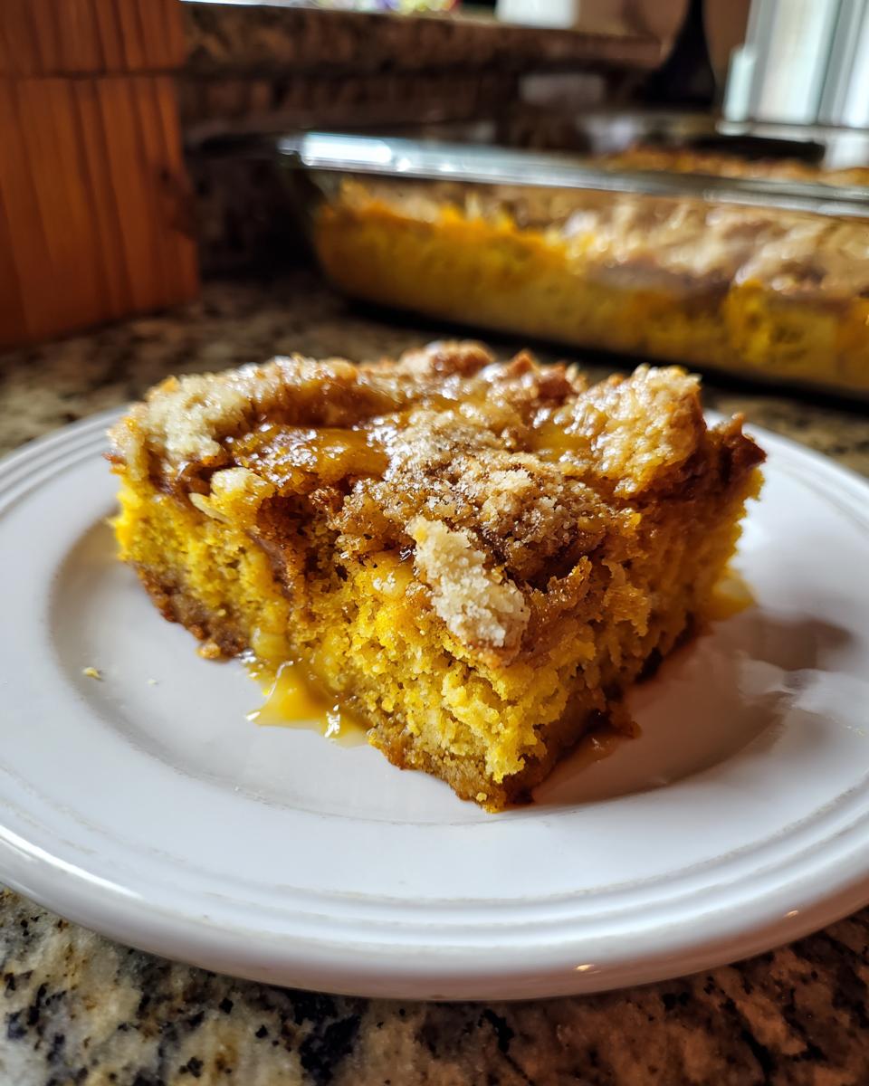 A slice of moist pumpkin dump cake on a white plate, topped with a crumbly streusel and drizzled with caramel.