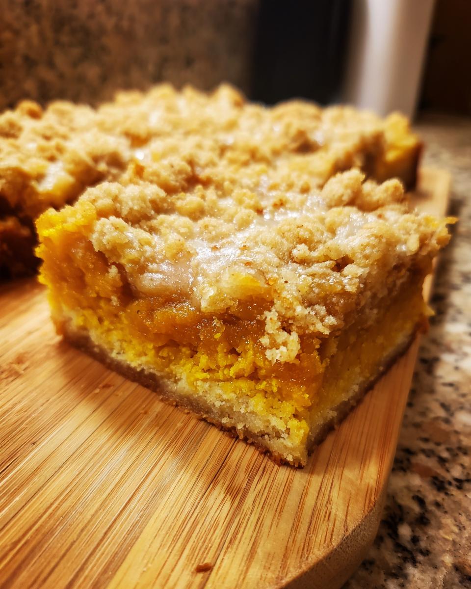 A close-up of a slice of pumpkin dump cake with a crumb topping on a wooden board.