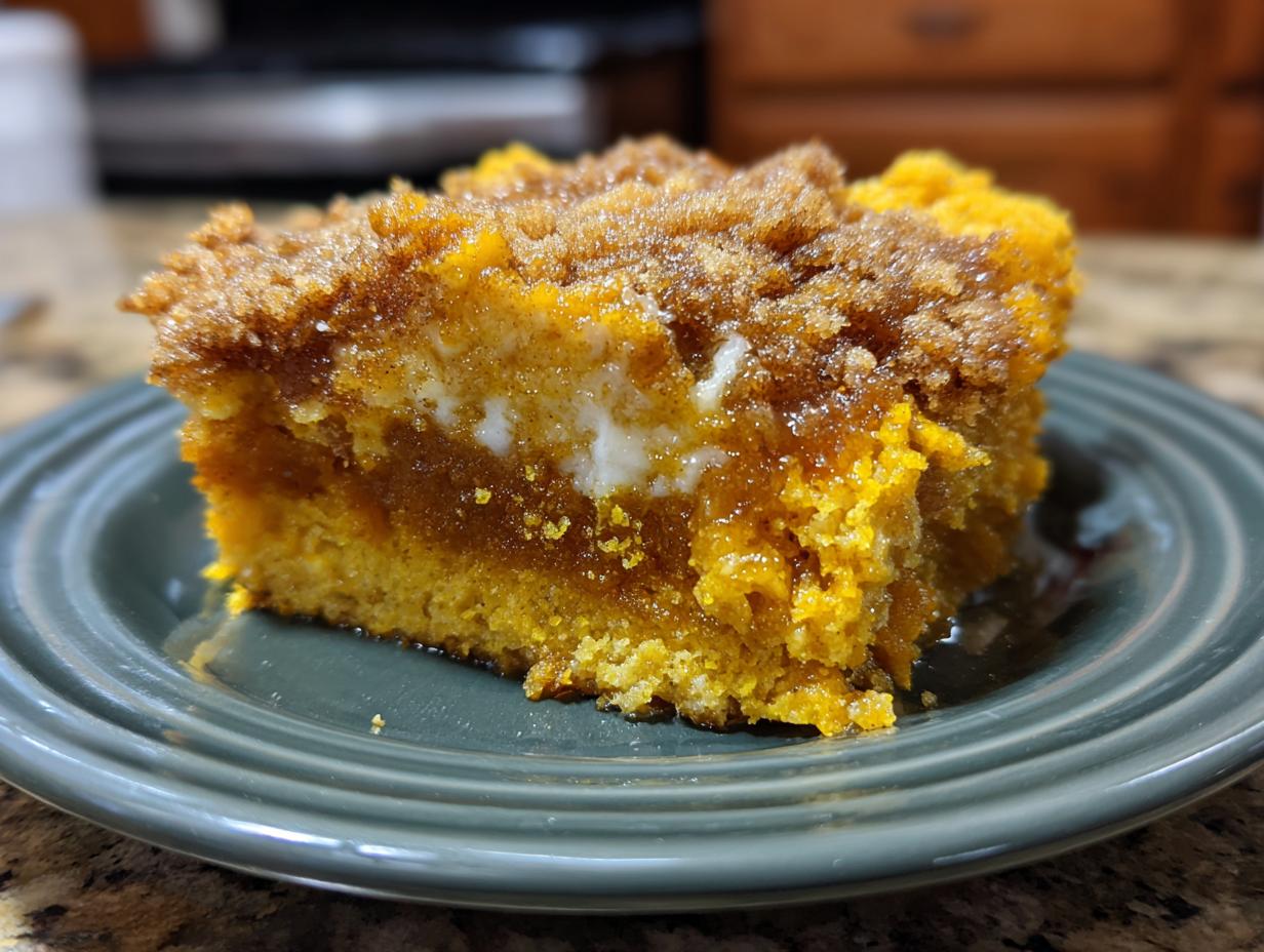 A close-up of a moist slice of pumpkin dump cake with a crumb topping and a creamy center, served on a plate.