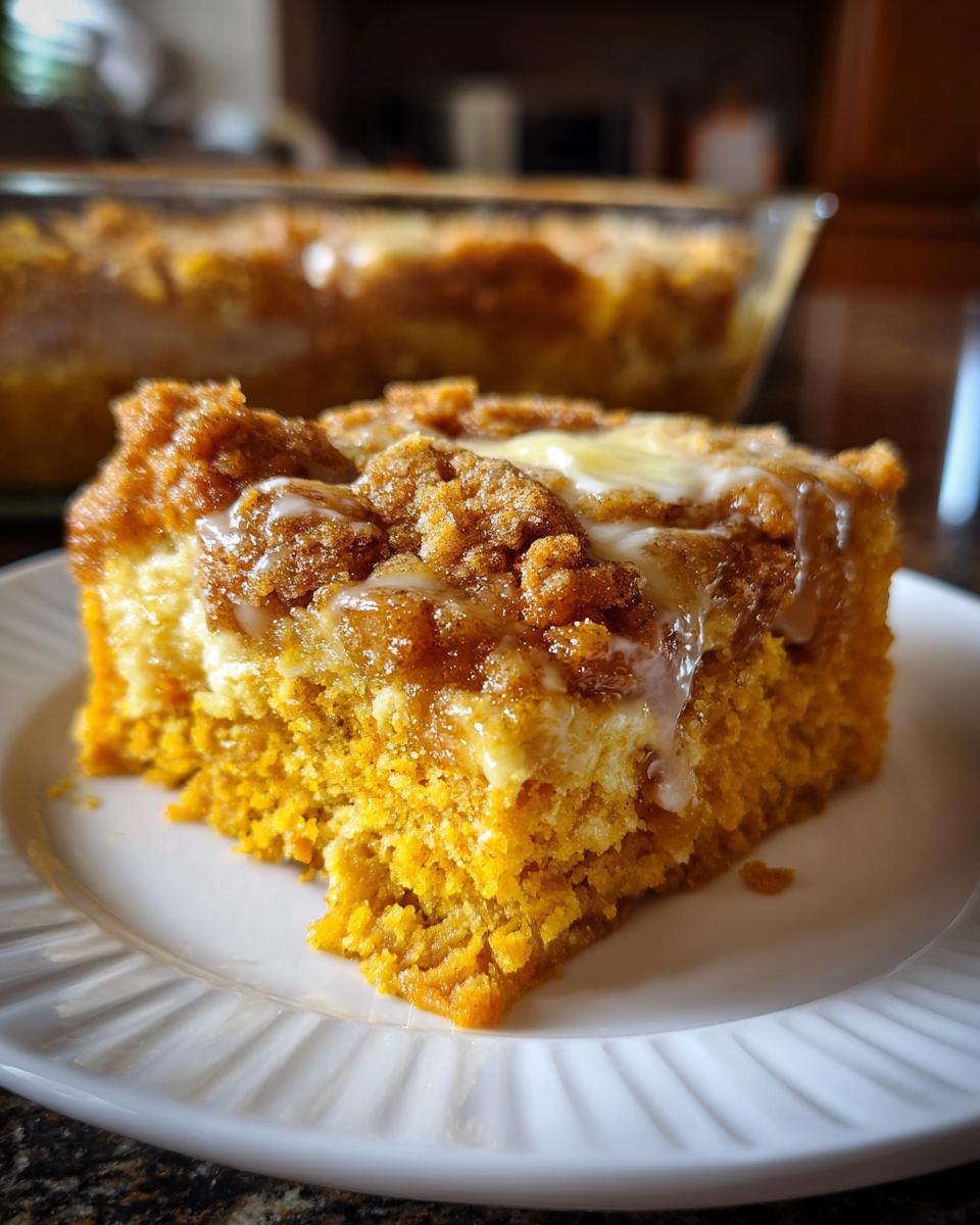 A close-up of a moist slice of pumpkin dump cake with a crumb topping and a drizzle of glaze on a white plate.