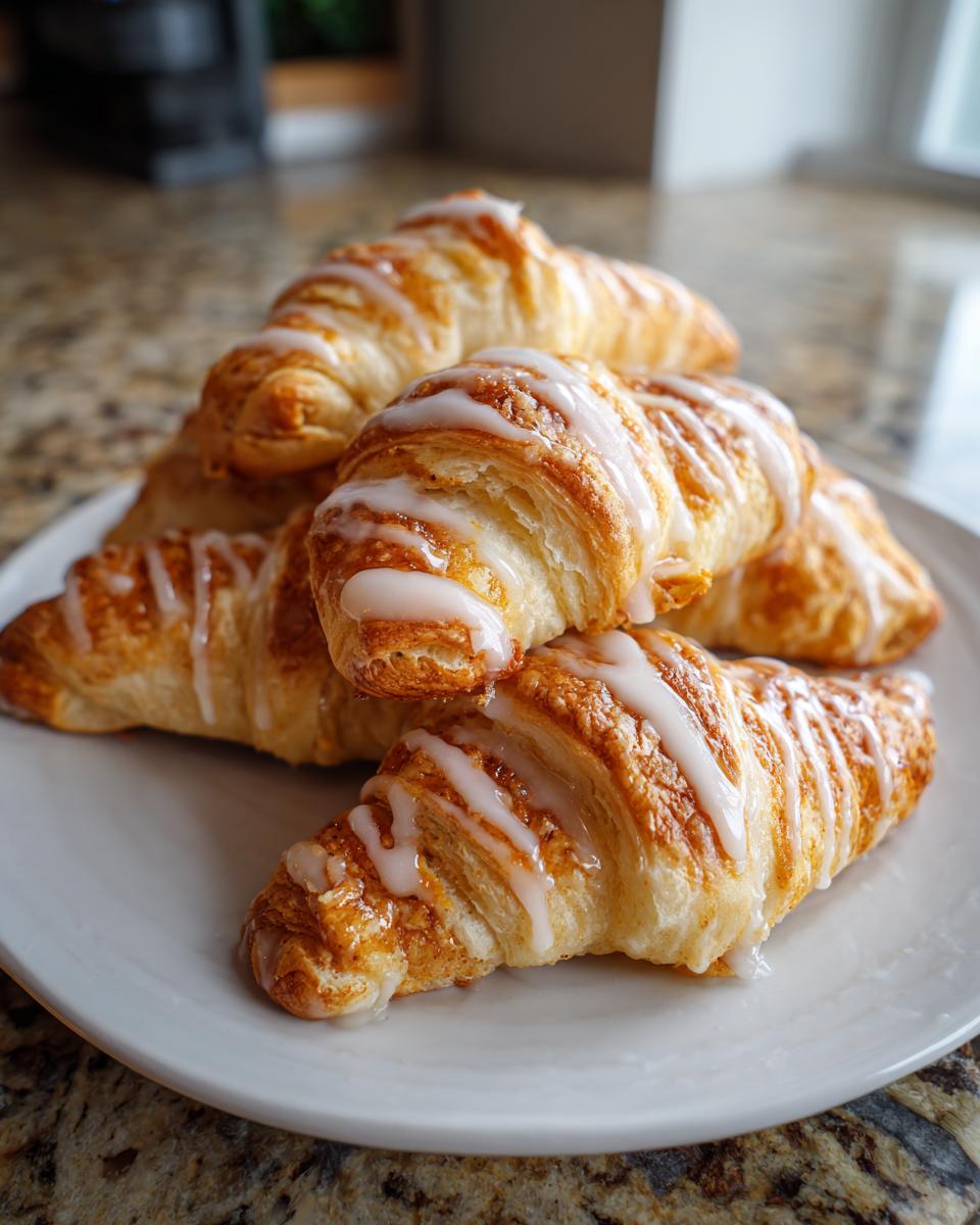 A plate of golden-brown pumpkin pie crescent rolls drizzled with white glaze.