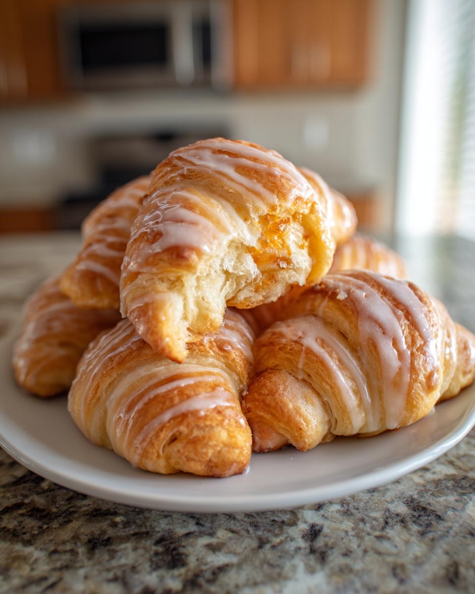 A stack of golden brown pumpkin pie crescent rolls drizzled with white glaze, one is bitten into revealing the filling.