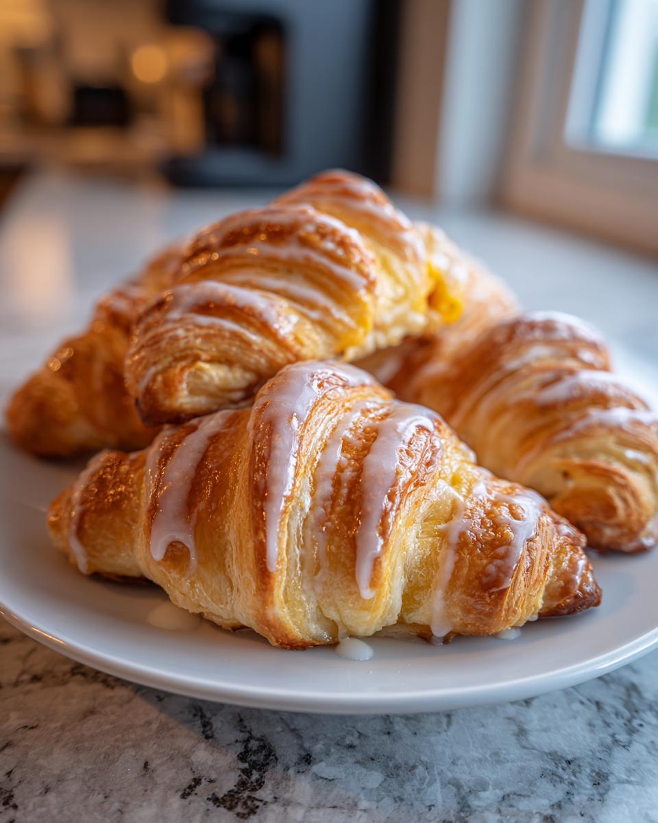 A stack of golden-brown pumpkin pie crescent rolls drizzled with a sweet white glaze on a white plate.
