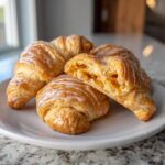 A close-up of golden-brown pumpkin pie crescent rolls drizzled with white icing, one cut open to reveal the pumpkin filling.