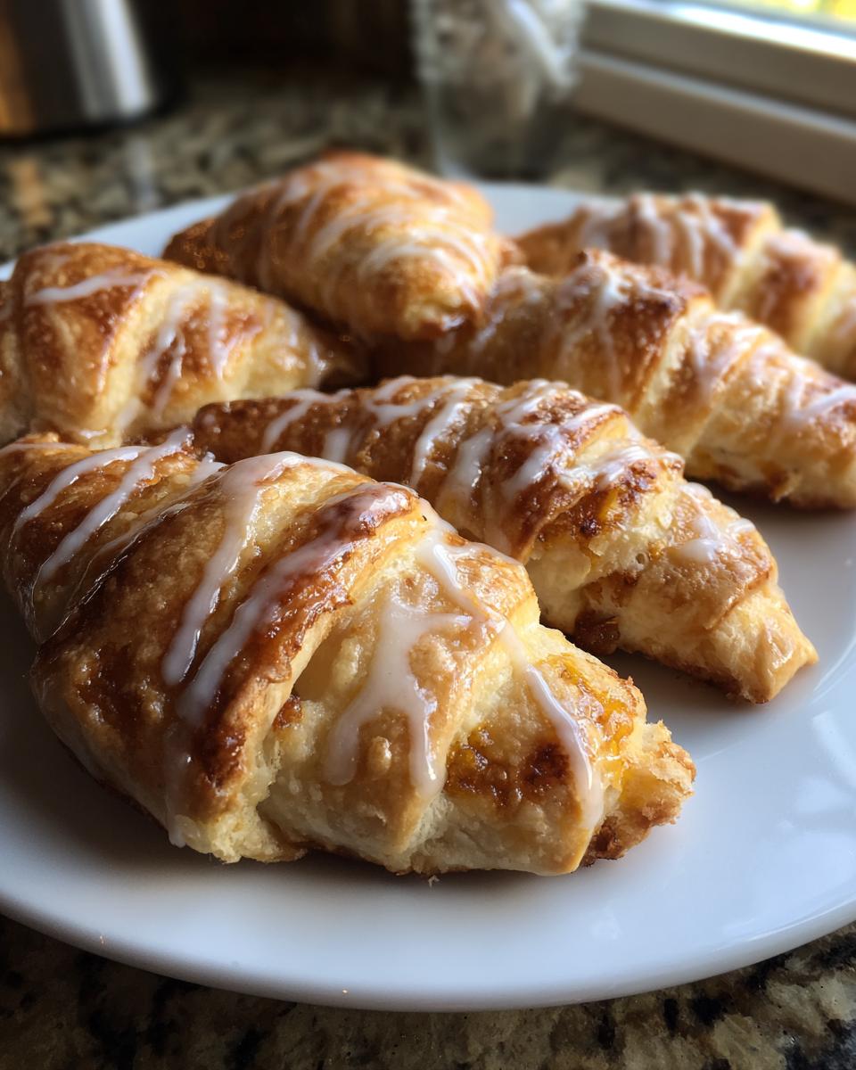 Close-up of golden brown pumpkin pie crescent rolls drizzled with white glaze on a white plate.
