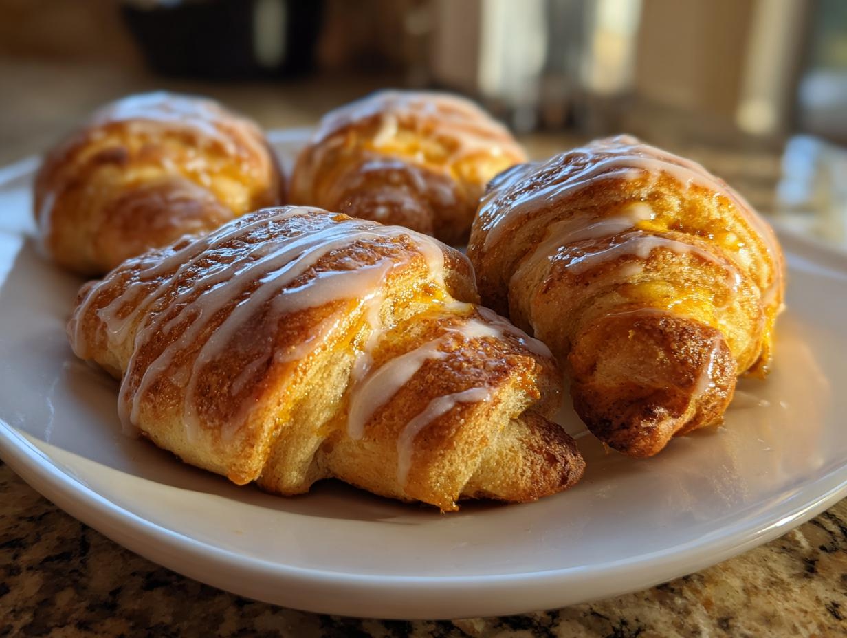 Close-up of four golden-brown pumpkin pie crescent rolls drizzled with white icing on a white plate.