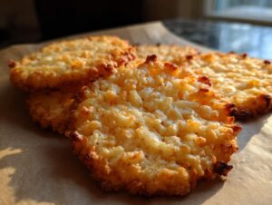 Close-up of golden brown Rice Krispie Cheddar Crackers on parchment paper, with crispy edges.