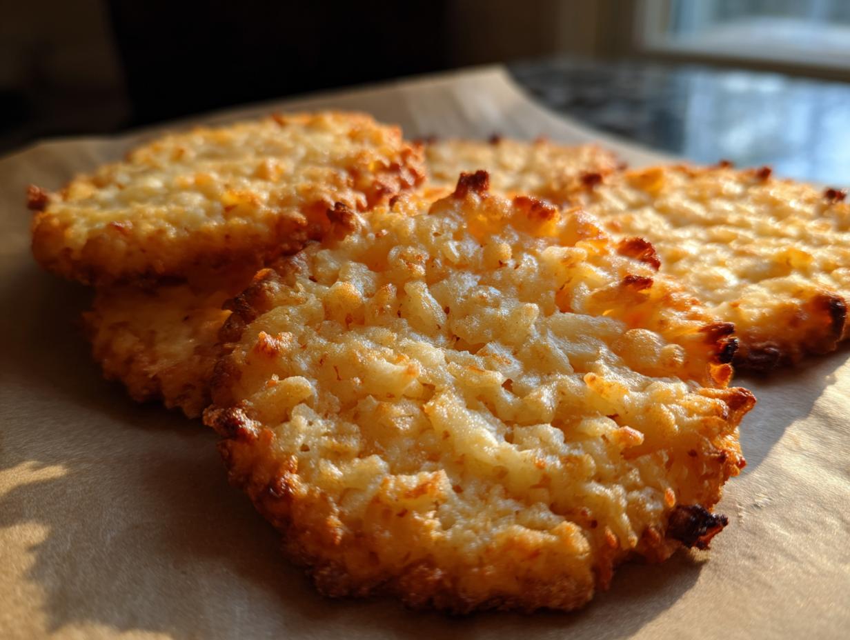 Close-up of golden brown Rice Krispie Cheddar Crackers on parchment paper, with crispy edges.