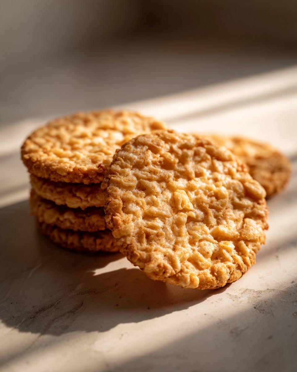 A stack of golden-brown Rice Krispie Cheddar Crackers, with one cracker in the foreground.