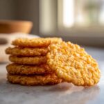 A stack of golden brown Rice Krispie Cheddar Crackers on a marble surface, with one cracker leaning forward.