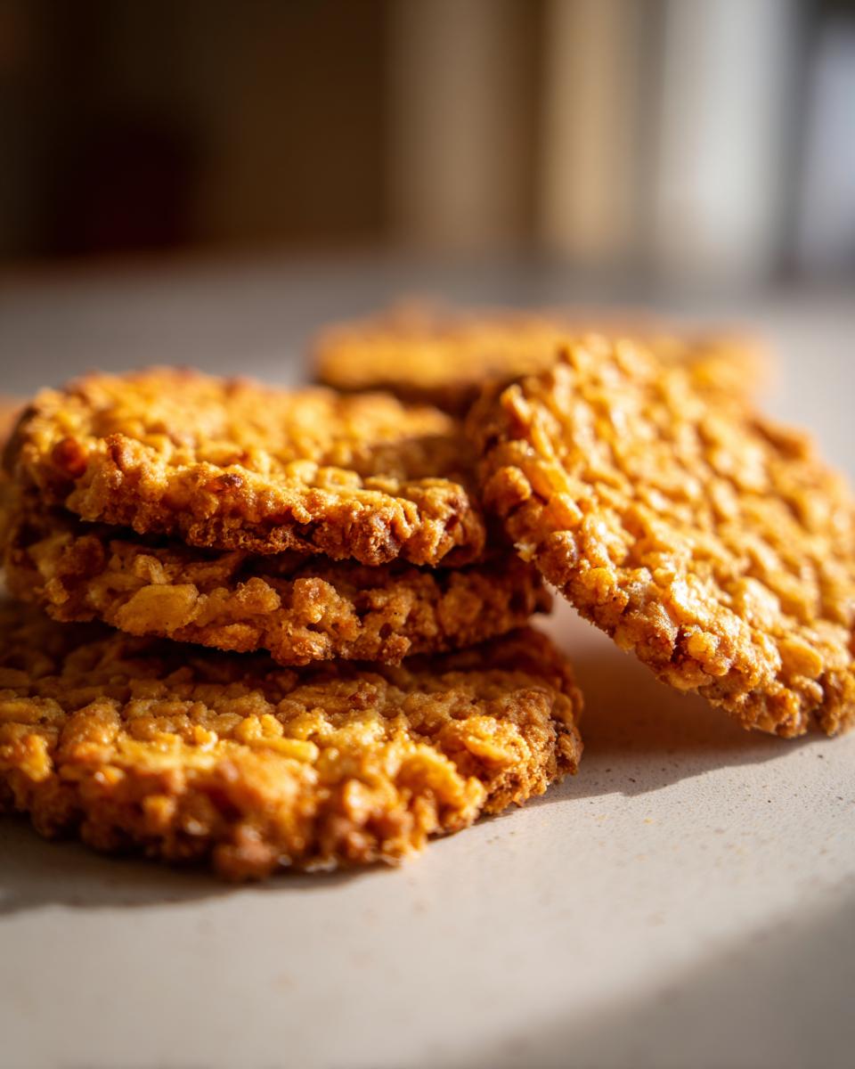 A stack of golden brown Rice Krispie Cheddar Crackers, showing their crispy texture and golden hue.