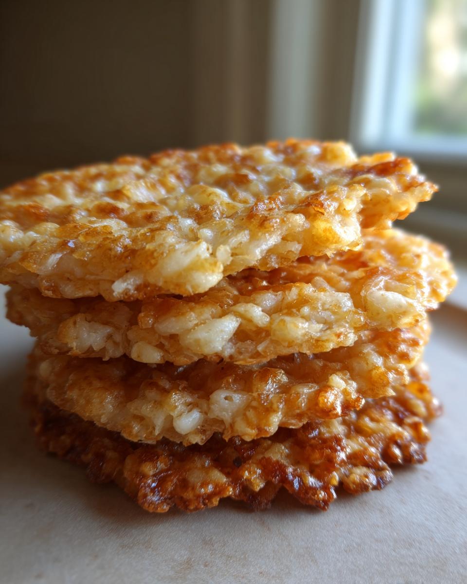 A stack of golden brown, crispy Rice Krispie Cheddar Crackers with a slightly melted cheese texture.