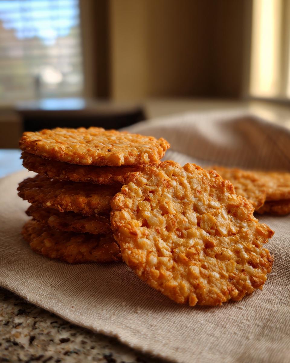 A stack of golden-brown Rice Krispie Cheddar Crackers on a textured cloth, with more crackers in the background.